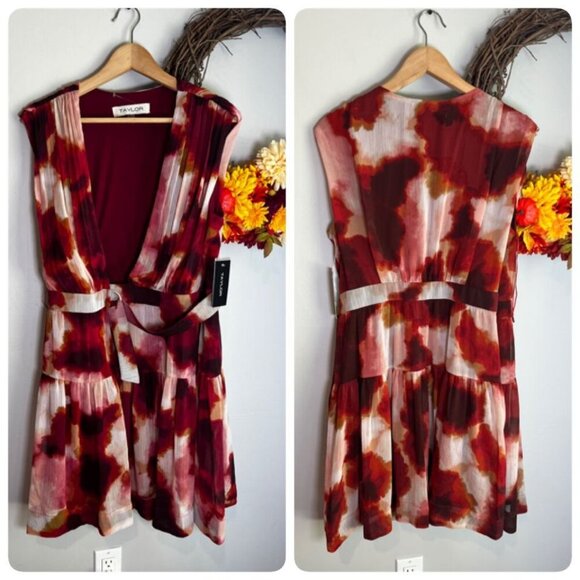 Taylor Womens Printed  Chiffon Wrap Plunging V-Neck Dress Sz 12 Red - Picture 1 of 9